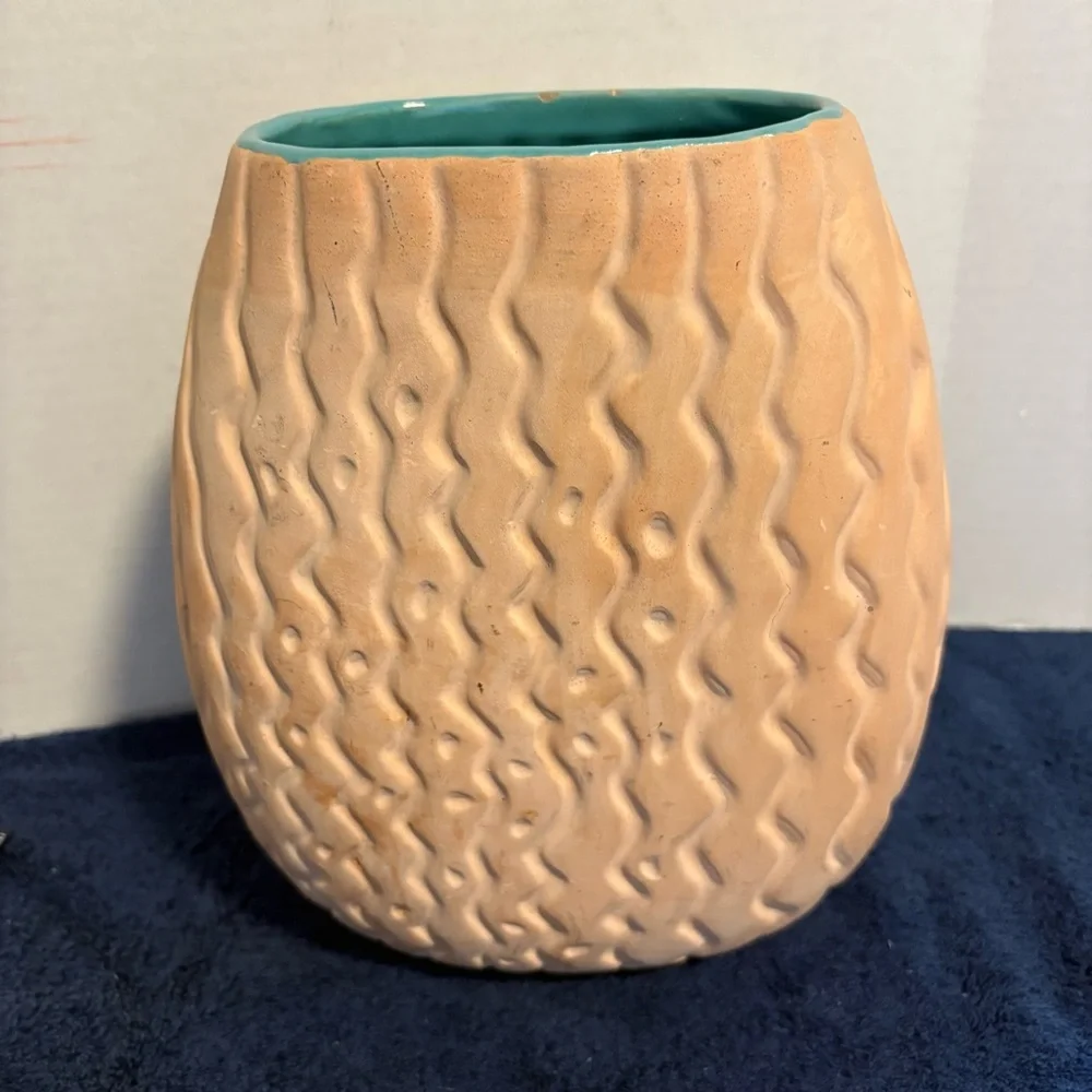 Haeger 10” Terra Madre MCM Large Vase Unglazed Textured Surface w/ Teal Interior